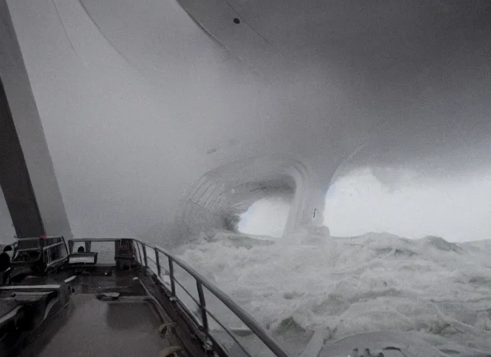 Image similar to Inside the bridge of a ship in a severe storm, emergency