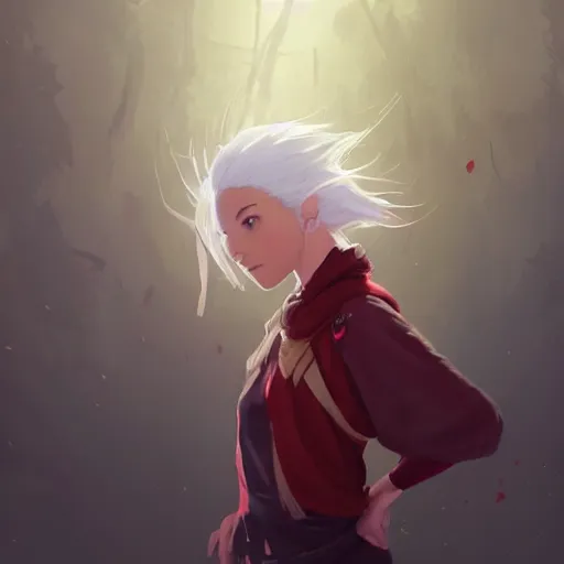 Image similar to full body portrait of a girl sorcerer with white hair in a hairbun, she is wearing a thin subtle red scarf around her neck, she is holding a large wand. cgsociety masterpiece, artstation trending, by rossdraws, ghibli, kimi no na wa, greg rutkowski, simon stalberg, greg manchess