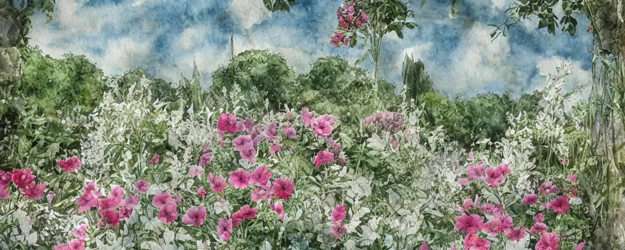 Image similar to delicate marble in a botanic garden, stony, puffy clouds, botanical herbarium paper, watercolor colored painting and pencil, iridescent colors, 8 k, realistic shaded, fine details, artstation, italian, colonnade, vines, flowers, gardena architecture, pompeii