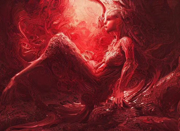 Image similar to woman loves demon, sit upon a scarlet coloured beast, pain, light effect, hyper detailed, intricate, elegant, highly detailed, digital painting, artstation, concept art, matte, sharp focus, illustration, by james jean, andrei riabovitchev, marc simonetti, yoshitaka amano