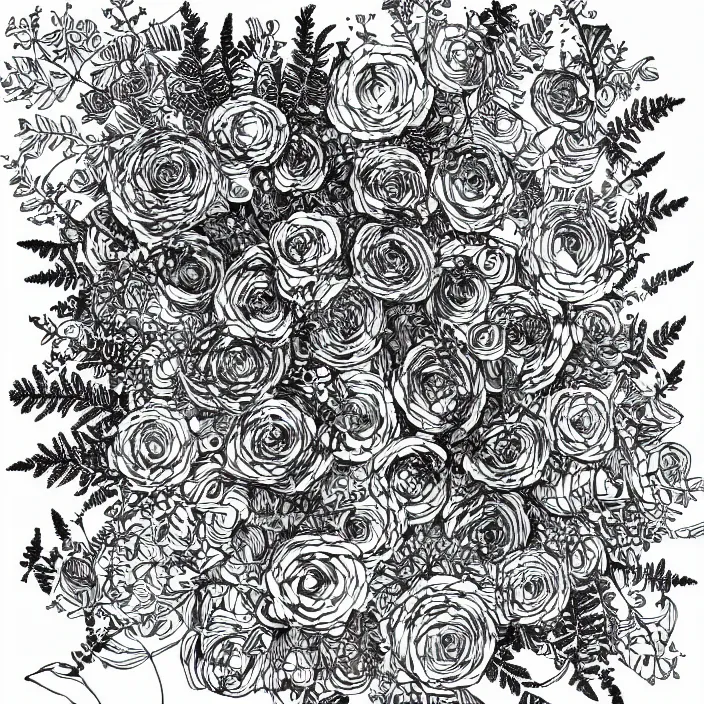 Prompt: line art drawing with a ranunculus surrounded by fern vines, black ink, ornate, detailed