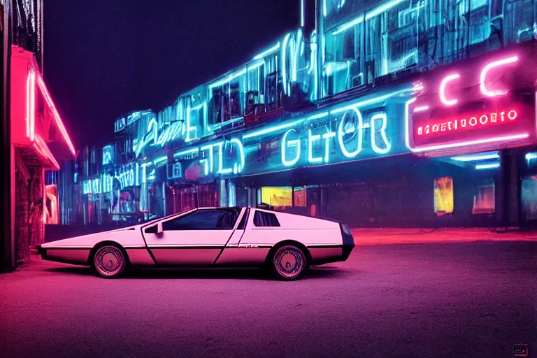 Prompt: designed by Giorgetto Giugiaro poster of a DeLorean thick neon lights, ektachrome photograph, volumetric lighting, f8 aperture, cinematic Eastman 5384 film