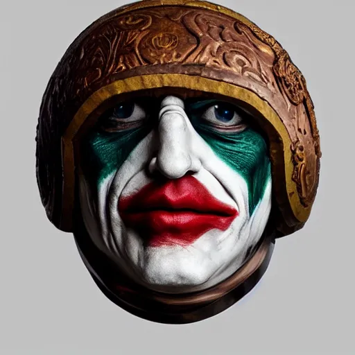 Image similar to professional portrait of the 2 0 1 9 joker wearing an ancient gallic helmet, 8 k, very detailed, very intricate,