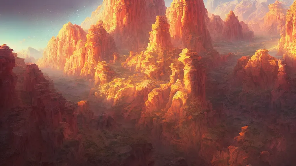 Prompt: an ancient arid prehistoric canyon, by sylvain sarrailh, rossdraws, ambient light, ultra detailed, fantasy artwork, 8 k, volumetric lighting, trending on artstation, award winning, beautiful scenery