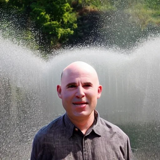 Prompt: a balded man surrounded by water geysers