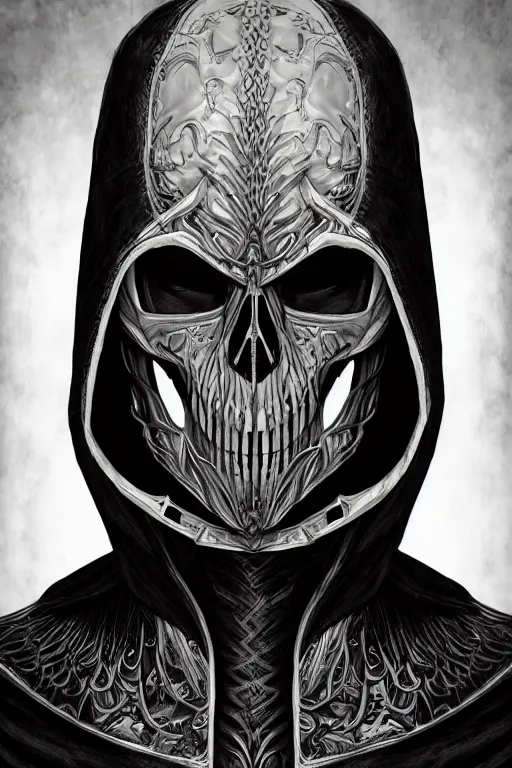 Image similar to hyper realistic digital art portrait of a villain wearing white bird skull mask, and high tech intricate armor and a black cloak.