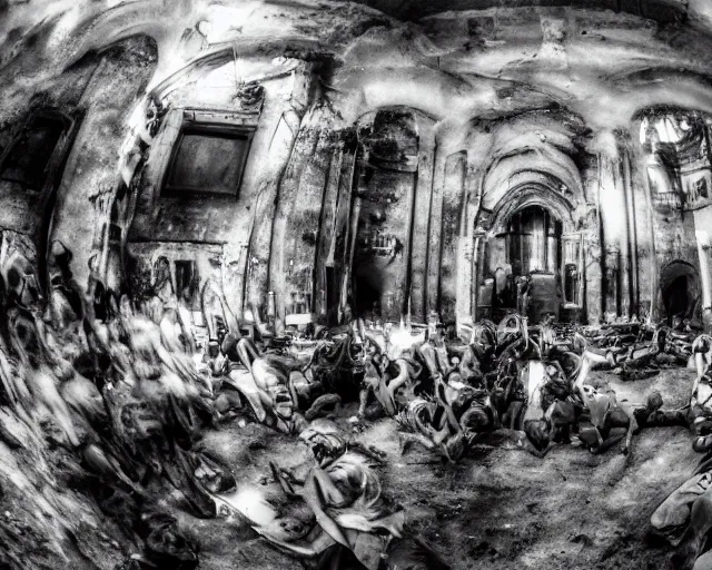 Prompt: camera footage of a group of survivors huddled in an abandoned church fighting zombies, high exposure, dark, monochrome, camera, grainy, CCTV, security camera footage, timestamp, zoomed in, fish-eye lense, spiders, spider, spider, spider,