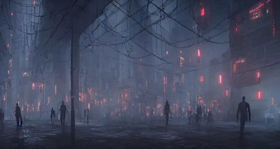 Image similar to illustration of rows of limp homunculus hanging in rows, rolling fog, cyberpunk, dystopian, dramatic lighting, unreal engine 5
