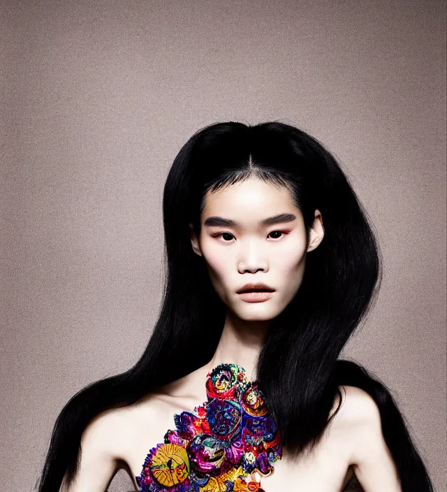 Image similar to photography american portrait of stunning model ming xi. great hair style, half in shadow, natural pose, natural lighing, rim lighting, wearing an ornate stunning sophisticated outfit created by iris van herpen, with a colorfull makeup by benjamin puckey, highly detailed, skin grain detail, photography by paolo roversi