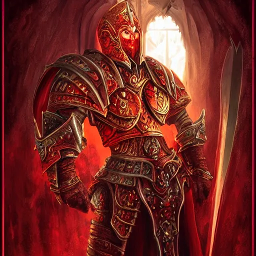 Image similar to blood paladin, fantasy art, located in a castle, legendary armor, red sunlight through the window, decorated, high quality, highly detailed,