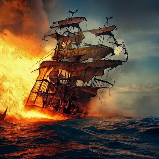 Image similar to pirate, ship, fire, ocean, cinematic, artistic, trending, epic, wind, wild, beautiful, tragedy, tragic, movie