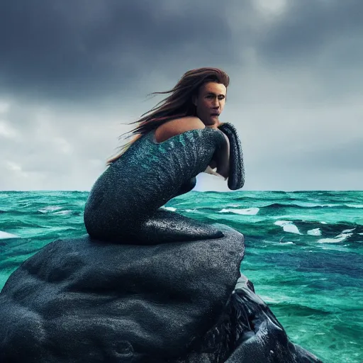 Image similar to Tom Hiddlestone as a beautiful mermaid sitting on a rock in the middle of a stormy ocean, watching the seagulls flying above him, hyperrealistic, hyperdetailed, depth of field, High definition, 8k, octane render, artstation