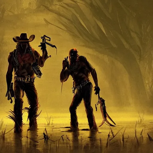 Prompt: the predator hunting a cowboy in the Louisiana bayou at night, video game concept art