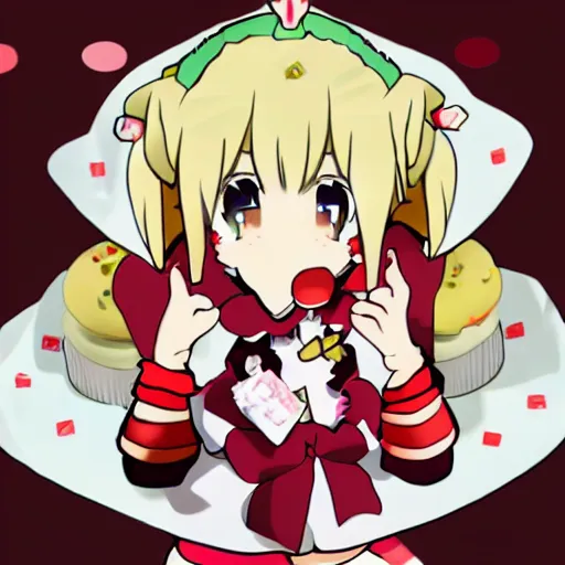 Prompt: flandre eating cupcakes. anime style.