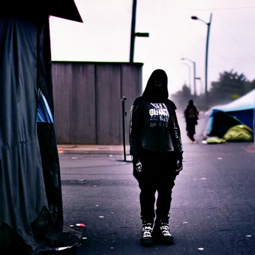 Image similar to Cinestill 50d candid extreme wide shot of a poor techwear mixed woman wearing makeup crying outside of a futuristic city on fire, cyberpunk, tattoos, homeless tents on the side of the road, military police, extreme long shot, desaturated, full shot, action shot, blurry, 4k, 8k, hd, full color