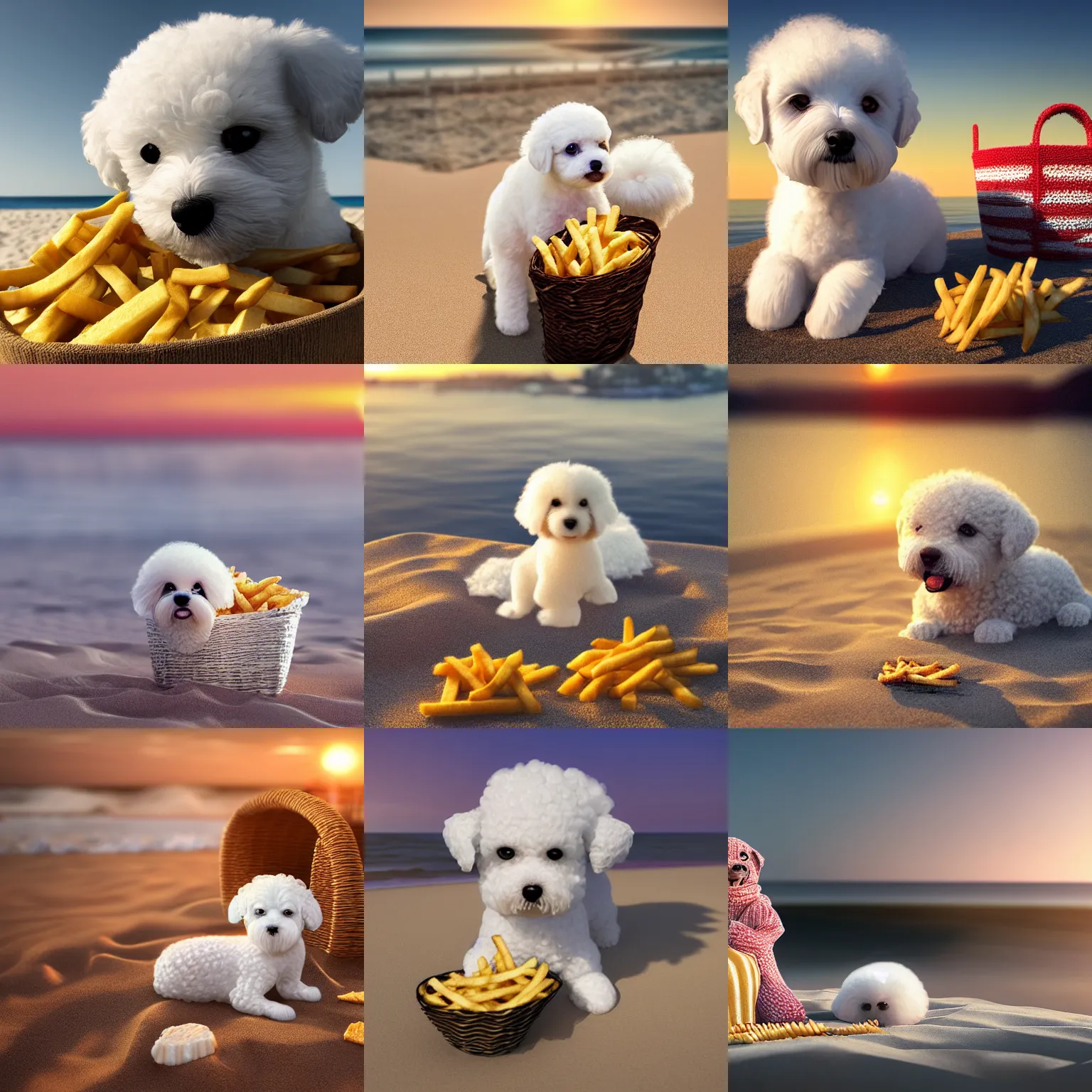 Prompt: a photorealistic image of a knitted white bichon puppy eating basket of french fries during sunset at the beach Trending on artstation, featured on Behance, well-rendered, Unreal Engine, 4K HD