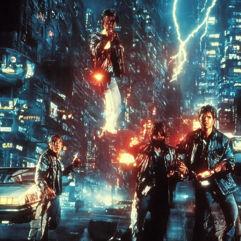 Image similar to back to future marty mcfly near predator in a city like blade runner