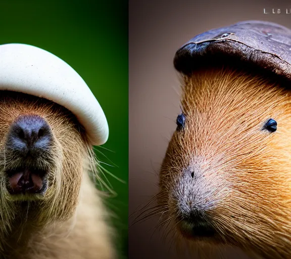 Image similar to a portrait of capybara with a mushroom cap growing on its head by luis royo. intricate. lifelike. soft light. sony a 7 r iv 5 5 mm. cinematic post - processing