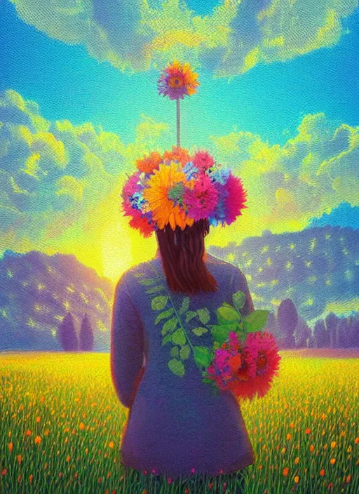 Image similar to girl with flower head, in a field with flowers, hills, big trees, sunrise dramatic light, impressionist painting, colorful clouds, digital painting, pointillism, artstation, simon stalenhag, flower head