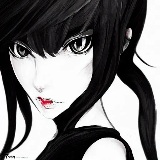 Image similar to slim beautiful killer girl in tuxedo with black wavy bob hair, elegant, 2d, ultra highly detailed, digital painting, smooth, sharp focus, artstation, black and white art by Tsutomu Nihei