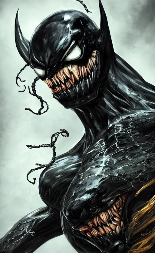 Image similar to venom as batman, dynamic lighting, photorealistic fantasy concept art, trending on art station, stunning visuals, terrifying, creative, cinematic