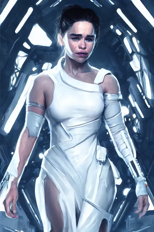 Image similar to Emilia Clarke wearing a White Cyberpunk outfit, anatomy, only two hands, highly detailed, digital painting, artstation, concept art, smooth, sharp focus, illustration, Unreal Engine 5, 8K, art by art by artgerm and greg rutkowski and edgar maxence