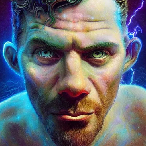 Image similar to melted zeus starring into the camera, fixed eyes, lightning, colorful, surreal, dramatic lighting, face, detailed, intricate, elegant, highly detailed, digital painting, artstation, chalk, concept art, smooth, sharp focus, illustration, art by sam spratt, dan mumford, artem demura and alphonse mucha