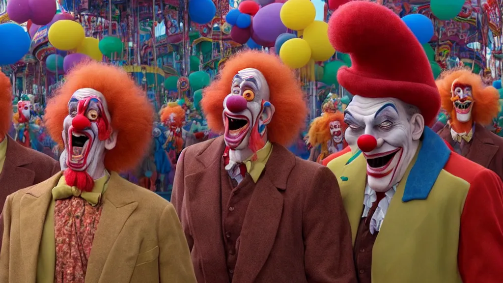 Prompt: the giant clowns at the fair, film still from the movie directed by denis villeneuve and david cronenberg with art direction by salvador dali and dr. seuss