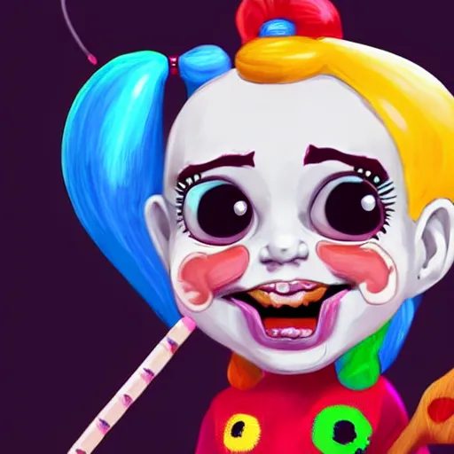 Prompt: baby harley quinn caricature with pigtail in hair like pebbles flintstones playing with a magic wand, full body, big head, large smile, pixar style, 4 k trending on artstation