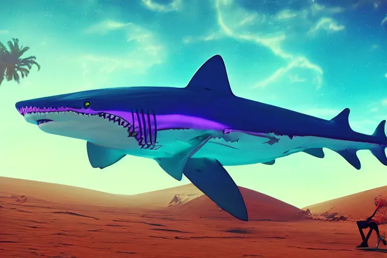 Prompt: a holographic projection of a huge colorful transparent shark appears in the desert at night, a man is stunned, by anton fadeev and jame paick, 8 k, unreal engine