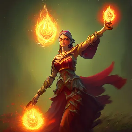 Image similar to The sorceress casting a fireball, Official Hearthstone artwork by Greg Rutkowski in Hearthstone Art style