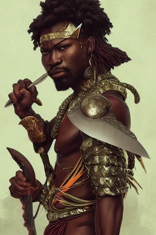 Image similar to ogun and his knives, African warrior deity, ancestral hunter God, masculine and menacing, cinematic mid portrait , digital illustration, octane render trending on arstation by artgerm, raphaelite and mucha