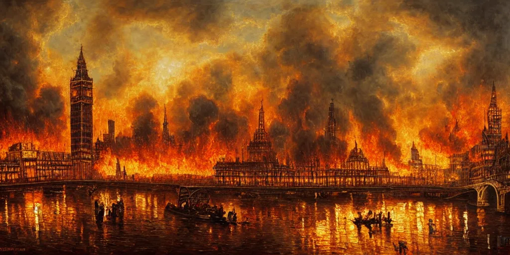 Image similar to oil painting landscape great fire of london, high production value, intricate details, high resolution, hdr, high definition, masterpiece, realistic, ultrarealistic, highly detailed, hd, sharp focus, non blurry, sharp, smooth