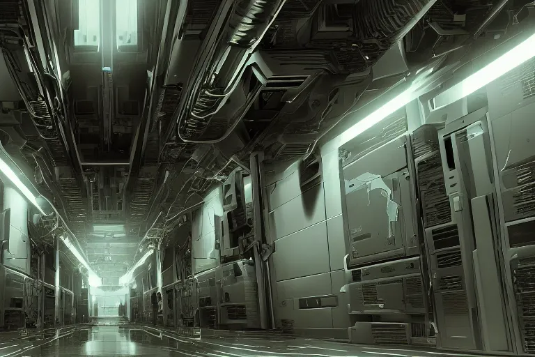 Image similar to parallax datacenter server room interior single mono colossus white rusty android robosaurus artstation cinematic detailed concept art volumetric light sharp coherent cgsociety symmetric perfect well balanced shadows lotr alien prometheus