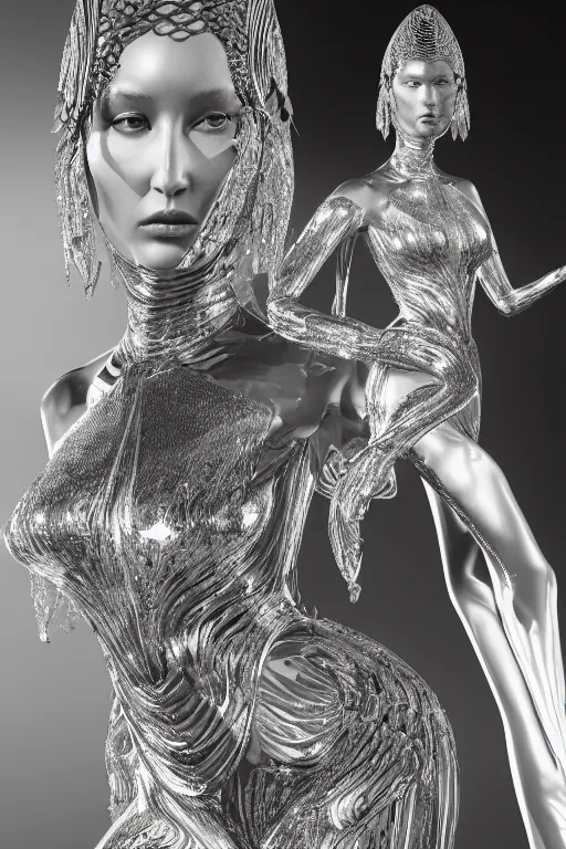 Prompt: a highly detailed render of a beautiful alien goddess bella hadid in iris van herpen dress schiaparelli in diamonds in style of alphonse mucha trending on artstation made in unreal engine 4