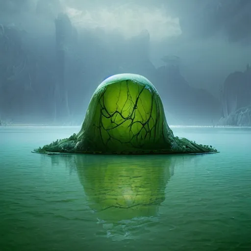 Image similar to slime monster in the lake, matte painting, detailed, elden ring, oil on canvas, by beeple