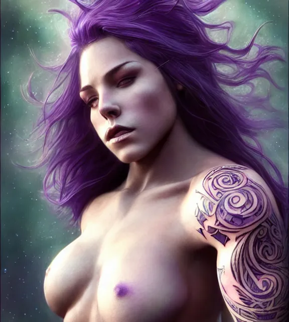 Prompt: muscular female singer, perfect face, intricate tattoos, purple flowing hair, abs, cinematic, blush, stunning, athletic, moist, strong, agile, highly detailed, hard focus, sensual lighting, art by jessica rossier and brian froud