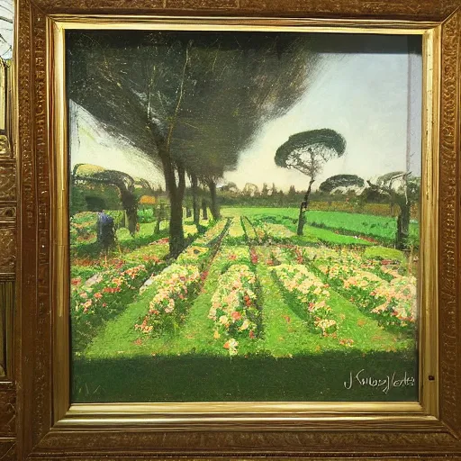 Image similar to by john lavery kokedama, vignetting expressive, shadowy. a beautiful installation art depicting a farm scene. the installation art shows a view of an orchard with trees in bloom.