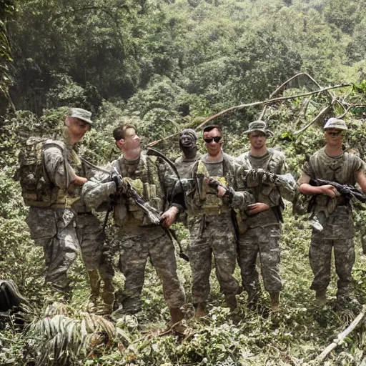 Image similar to an army of american soldiers wearing camouflage standing in the ruins of a destroyed monastery, they are in a jungle with vines everywhere, painting, artstationhq