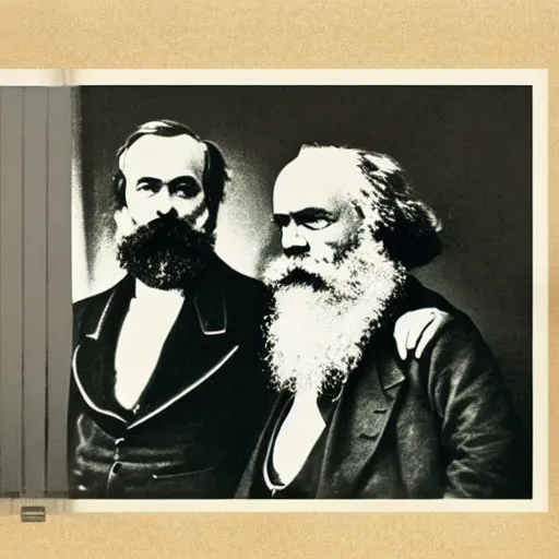 Prompt: Karl Marx and Nietzsche hugging, bedroom background, photo, 1920, romantic
