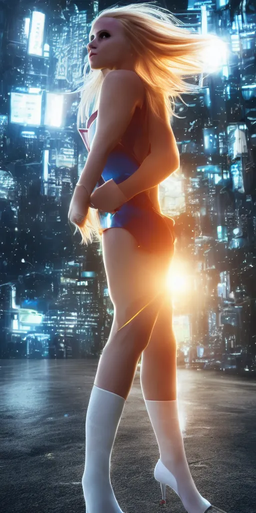 Image similar to a long blonde haired young woman superhero is walking toward the camera, bare legs, open toed high heels, symetrical face, cinematic lighting, colorful costume, solid white eyes, 8 k, cyberpunk background, sunrise,