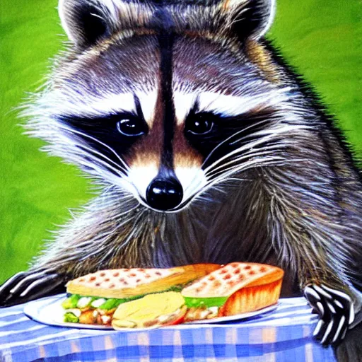 Prompt: a raccoon enjoying a picnic party by bastien - lepage, jules