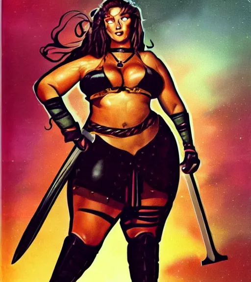 Image similar to 1 9 8 0 s fantasy novel book cover, bbw plus size amazonian ariana grande in extremely tight bikini armor wielding a cartoonishly large sword, exaggerated body features, dark and smoky background, low quality print