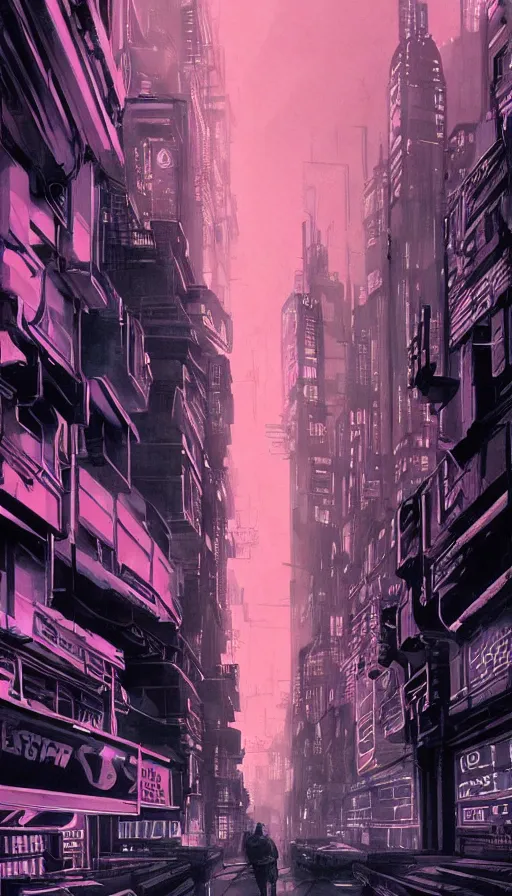 Image similar to blade runner style dystopian mega city street, lower levels with towering buildings reaching up to the clouds, viewed from street level looking up at neon sci - fi signs and lights, matt cook illustrator war artist, syd mead concept art, doug chiang concept drawings, ink drawing, ink illustration, colour ink with dark contrasted shadows, pink green and blue lights