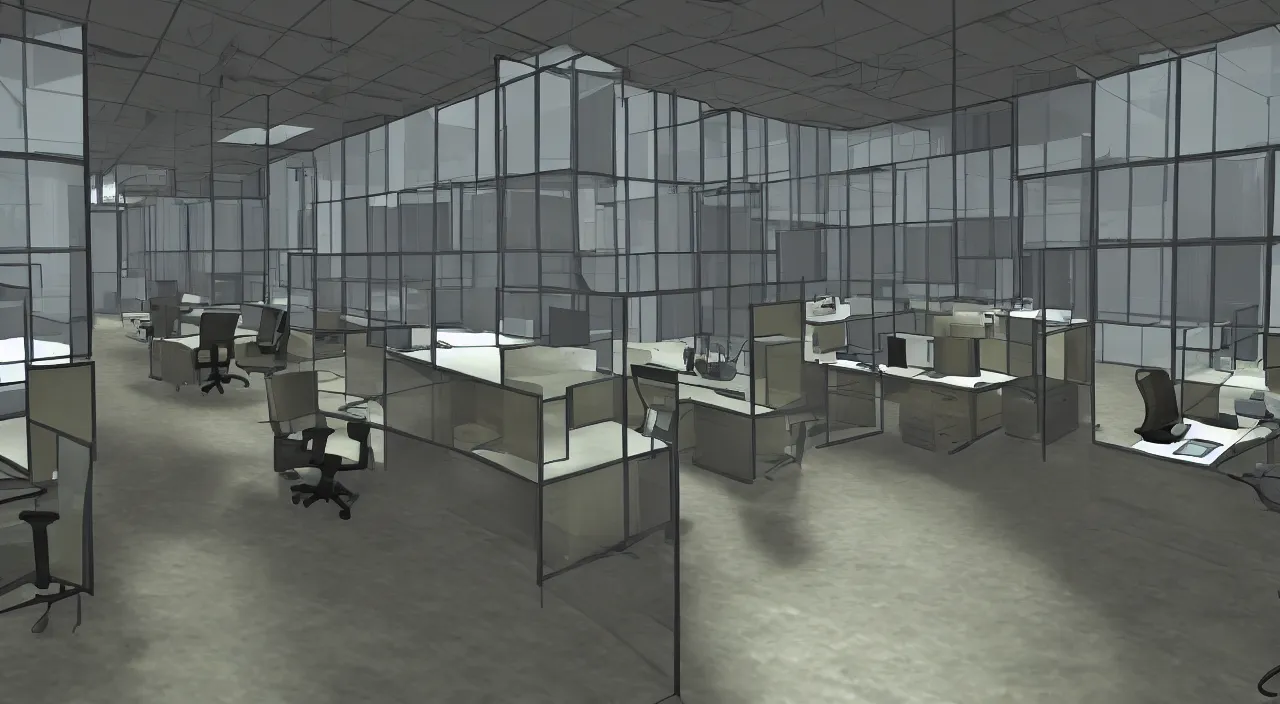 Prompt: An office at 3AM with multiple cubicles and a window that provides a view of the city, Source Engine, Gmod, Half Life 2