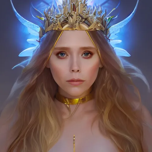 Prompt: elizabeth olsen as the goddess of fairies!!!!!!, golden ratio!!!!!, centered, trending on artstation, 8 k quality, cgsociety contest winner, artstation hd, artstation hq, luminous lighting