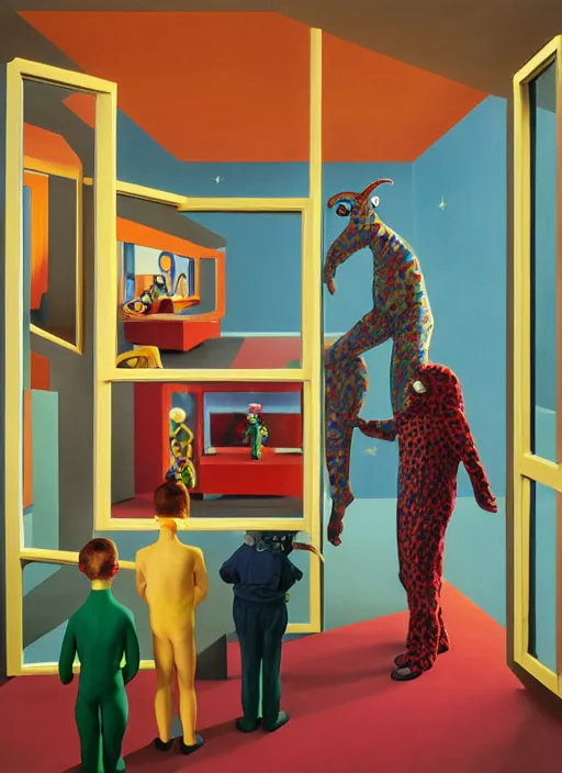 Prompt: painting of a gucci animal costumed family being shown how to open magic portals by a large glowing alien in their suburban living room maze, ufo in the room, designed by gucci and wes anderson, energetic glowing planets in the air, cinematic look, in the style of edward hopper, james jean, petra collins and mc. escher, uhd,