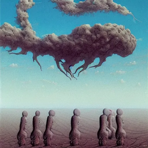 Image similar to a hyperrealistic painting of creatures emerging from the sand in a vast desert, blue skies, swirling clouds, by john kenn mortensen and zdzislaw beksinski, highly detailed, vivid color,