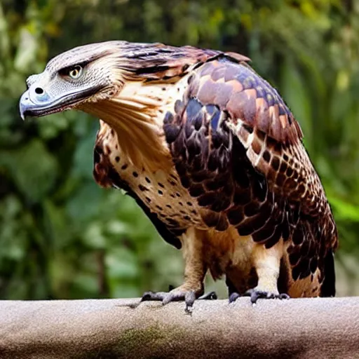 Image similar to hawk and crocodile morphed together, half crocodile, half hawk, real picture taken in zoo