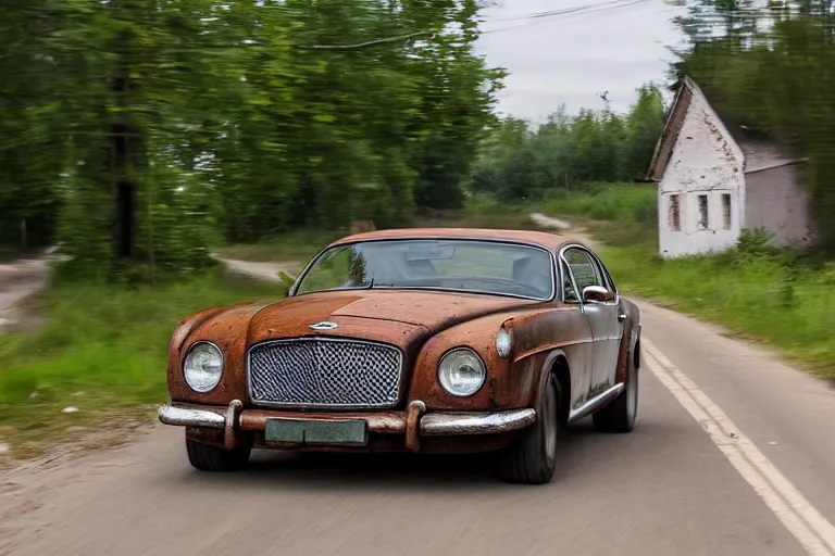 Image similar to rusty Bentley Continental GT drives along the road of an old Russian village with houses at the edges